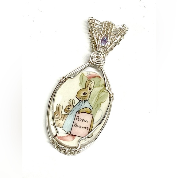 HANDMADE Vintage Beatrix Potter Porcelain Cabochon and CZ Hand Wrapped Necklace - Picture 1 of 10